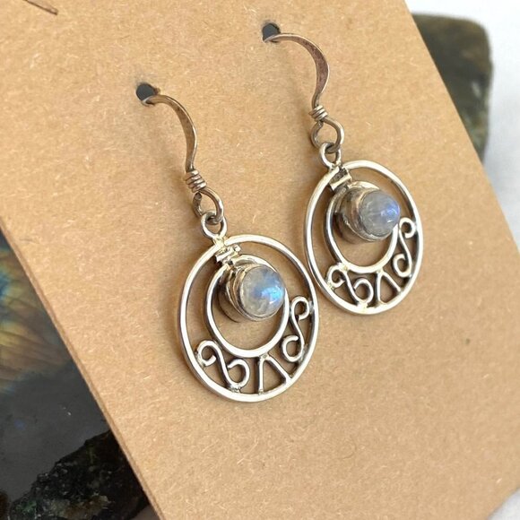 Sterling Silver 925 Round Moonstone Cabochon Round Scrollwork Dangle Earrings - Picture 5 of 16